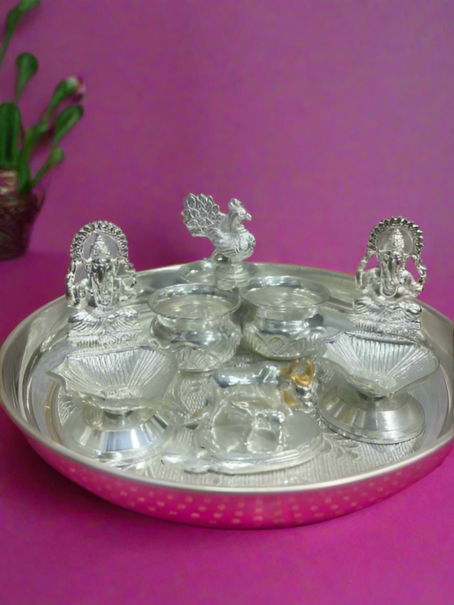 german silver pooja thali set for diwali/ housewarming pooja - 5 pieces set